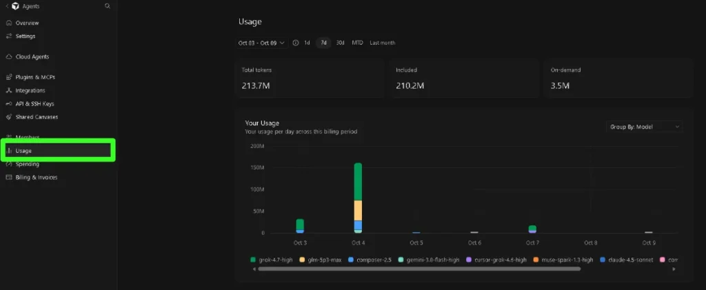 サイドメニューの「Usage」項目が強調された利用状況ダッシュボード画面