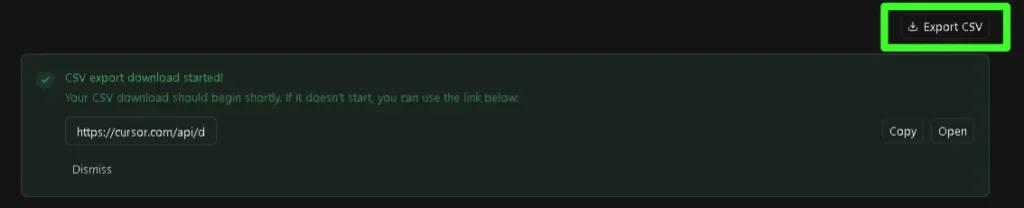 Cursorの管理画面で「Export CSV」ボタンを押し、ダウンロード用リンクが表示された画面