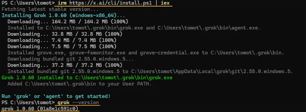 PowerShellでGrok CLIをインストールしバージョン確認コマンドを実行した画面