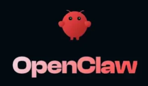 赤いキャラクターシンボルとOpenClawのサービスロゴテキスト