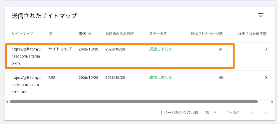 Google Search Consoleの送信されたサイトマップ画面で、sitemap.xmlのステータスが成功、検出ページ数61と表示された確認表