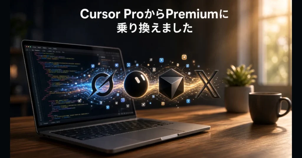 Cursor ProからPremiumに乗り換えましたの見出しと、ノートPC画面から浮かぶ各ツールの連携アイコン