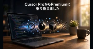 Cursor ProからPremiumに乗り換えましたの見出しと、ノートPC画面から浮かぶ各ツールの連携アイコン