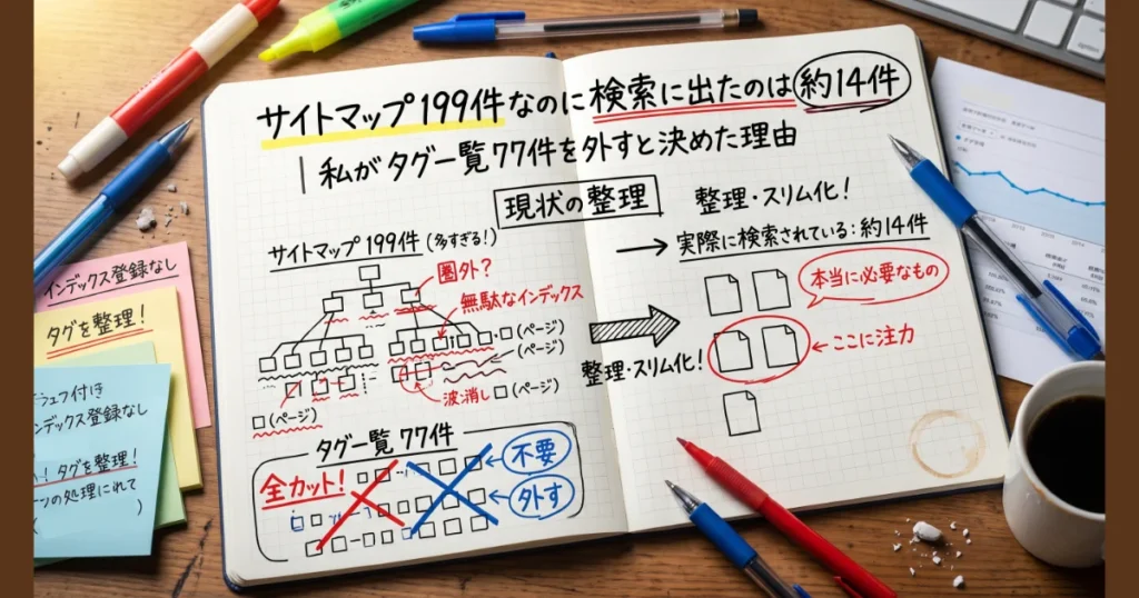 サイトマップ199件なのに検索に出たのは約14件｜私がタグ一覧77件を外すと決めた理由の図解ノート